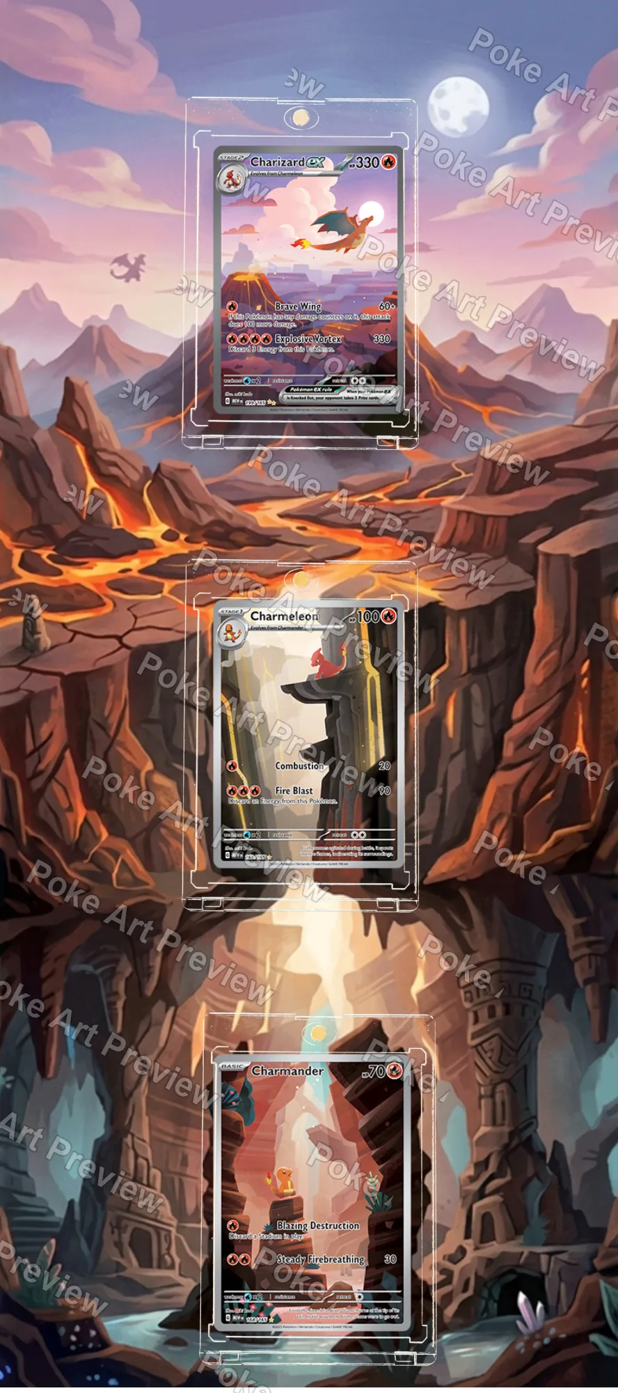 Charmander, Charmeleon and Charizard ex Scarlet & Violet 151 Pokemon TCG extension art collector display view 3