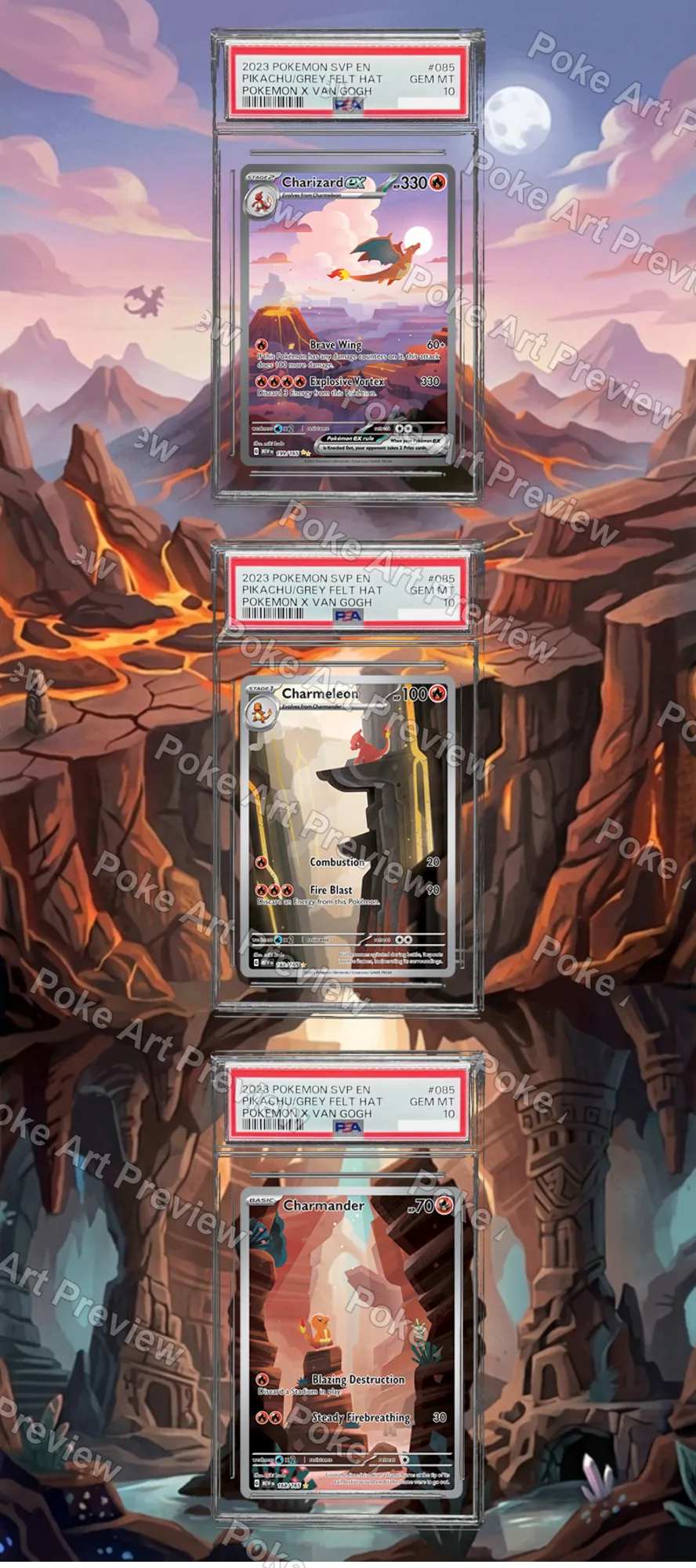 Charmander, Charmeleon and Charizard ex Scarlet & Violet 151 Pokemon TCG extension art collector display view 4