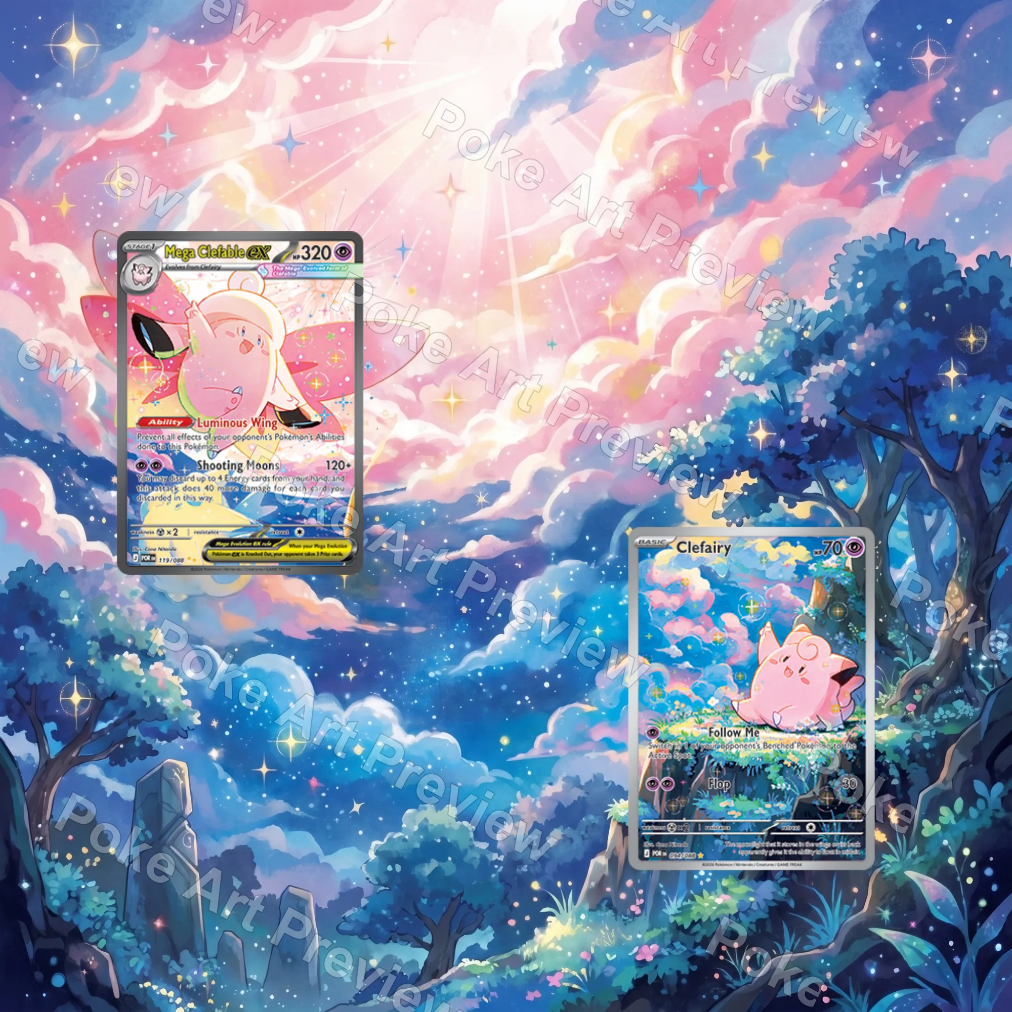 Clefairy Pippi 086/080 and Mega Clefable ex Mega Pixy ex 112/080 Nihil Zero M3 Pokemon TCG extension art collector display view 2