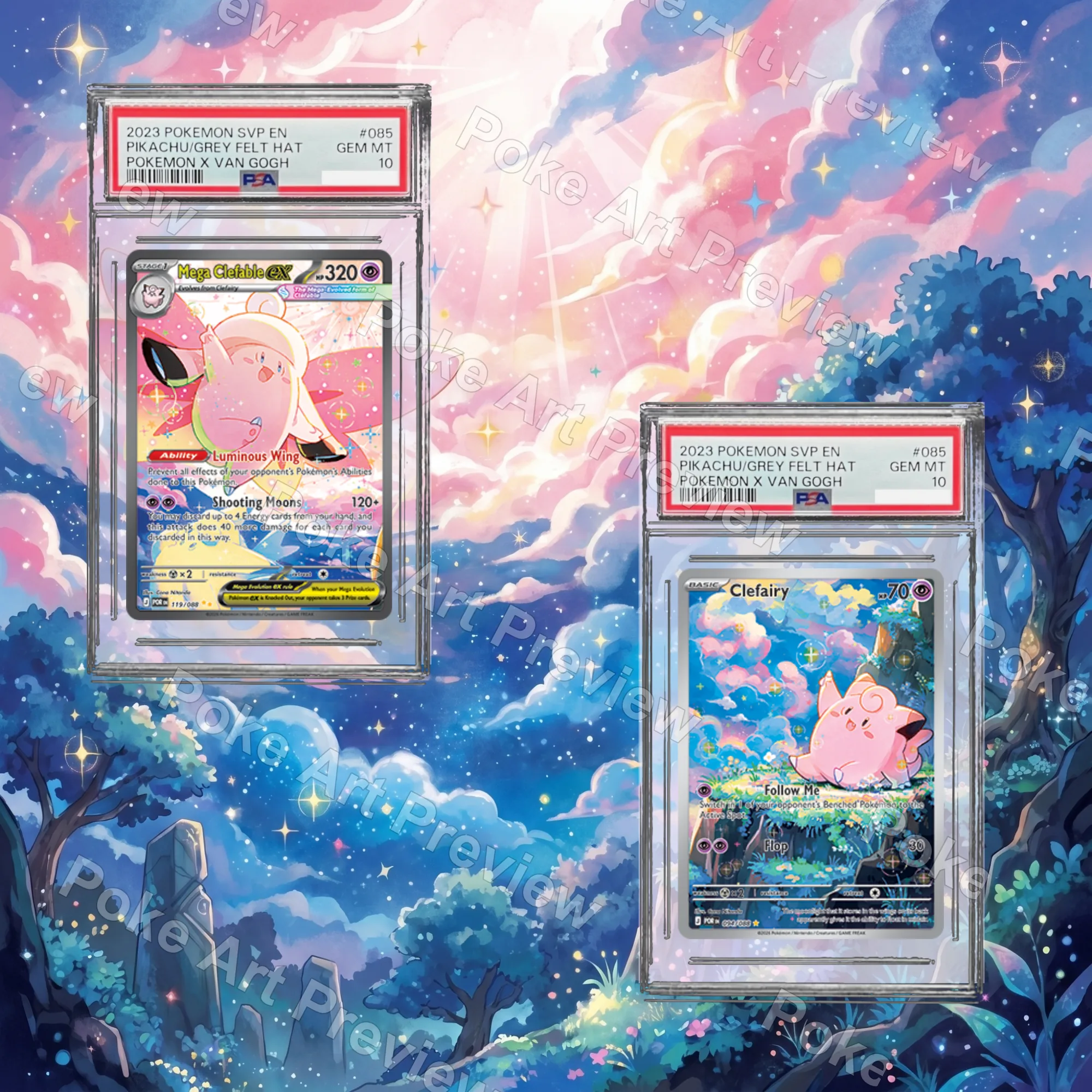 Clefairy Pippi 086/080 and Mega Clefable ex Mega Pixy ex 112/080 Nihil Zero M3 Pokemon TCG extension art collector display