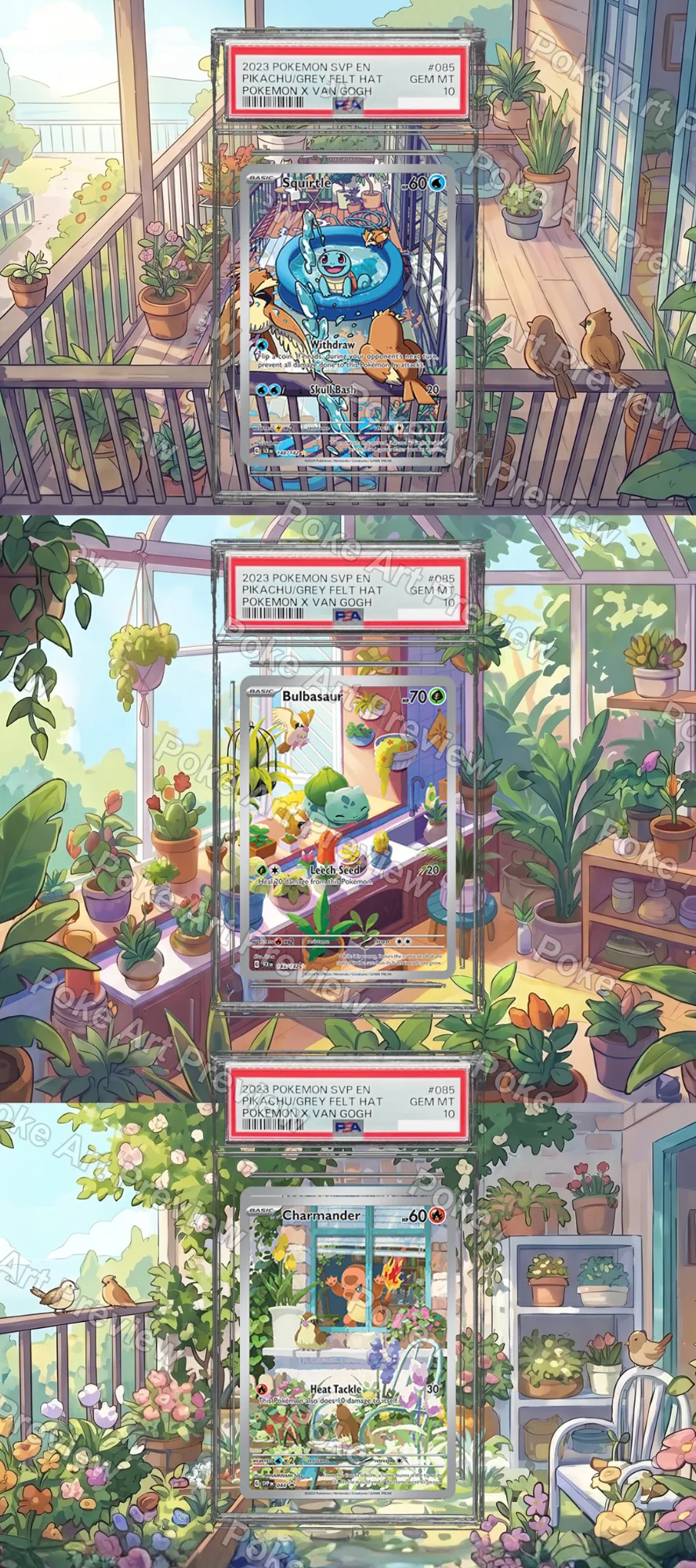 Squirtle, Bulbasaur and Charmander Scarlet & Violet 151 Pokemon TCG extension art collector display view 4