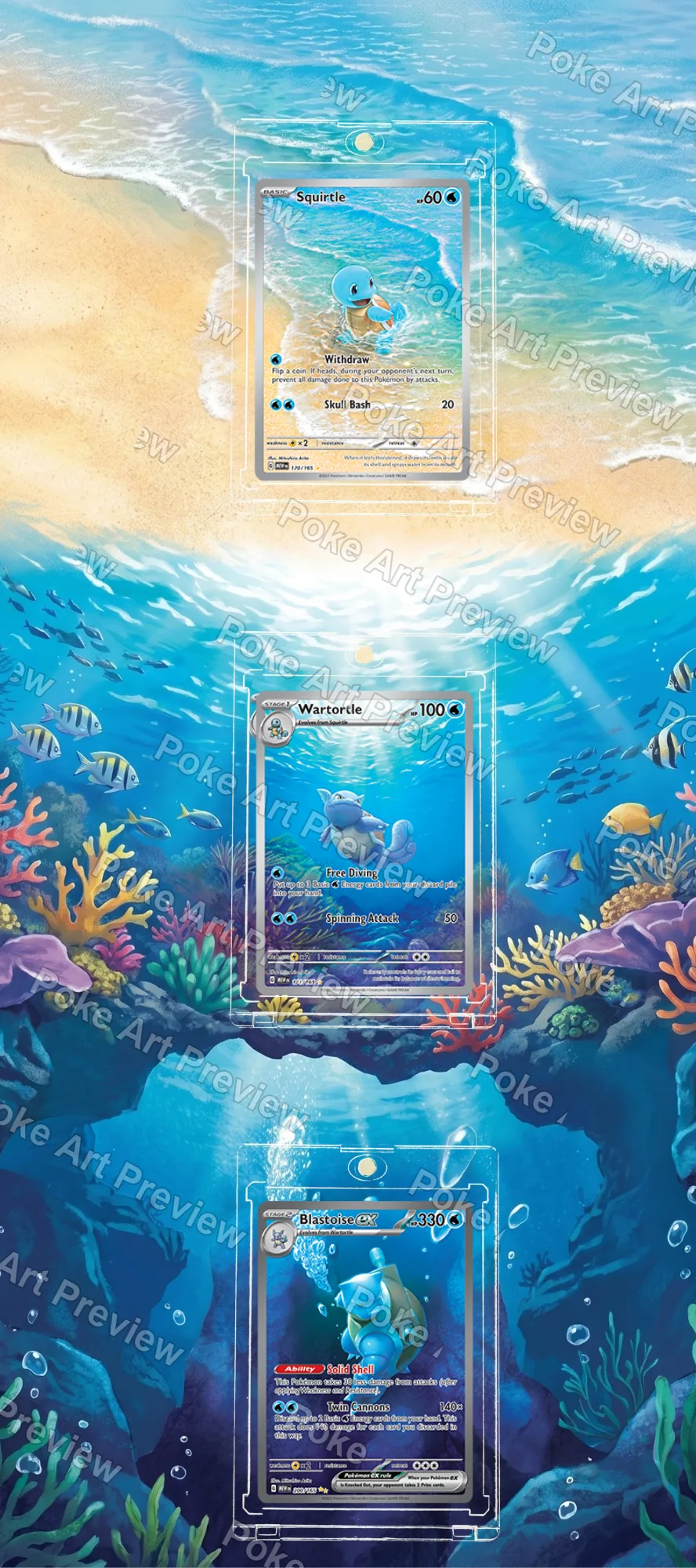 Squirtle, Wartortle and Blastoise ex Scarlet & Violet 151 Pokemon TCG extension art collector display view 3