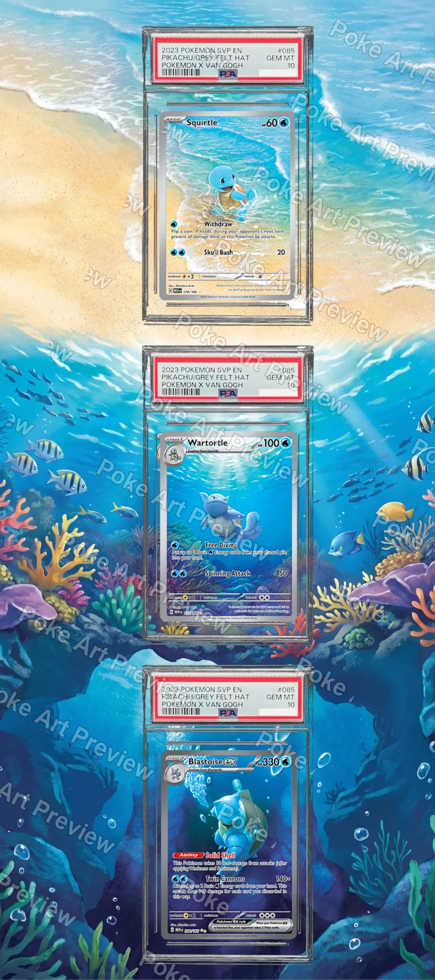 Squirtle, Wartortle and Blastoise ex Scarlet & Violet 151 Pokemon TCG extension art collector display view 4